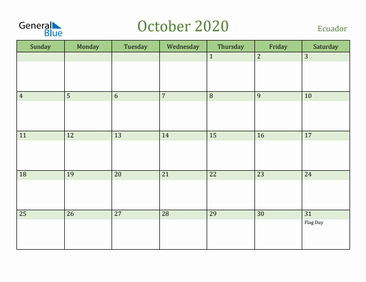 October 2020 Calendar with Ecuador Holidays