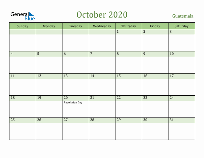 October 2020 Calendar with Guatemala Holidays