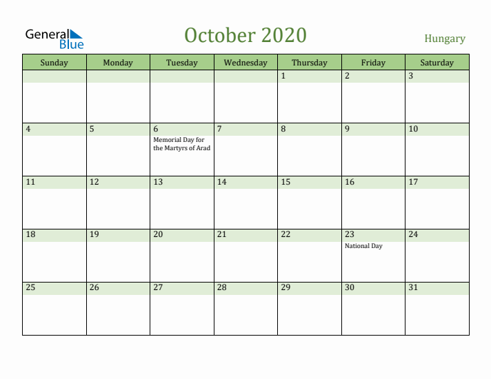 October 2020 Calendar with Hungary Holidays