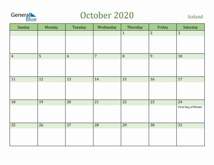October 2020 Calendar with Iceland Holidays