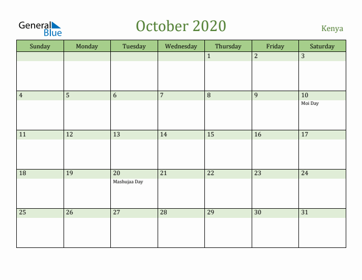 October 2020 Calendar with Kenya Holidays