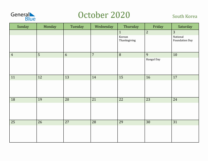 October 2020 Calendar with South Korea Holidays