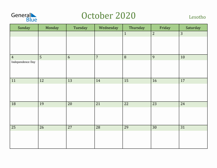 October 2020 Calendar with Lesotho Holidays
