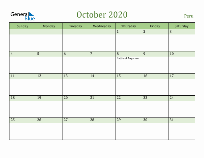 October 2020 Calendar with Peru Holidays