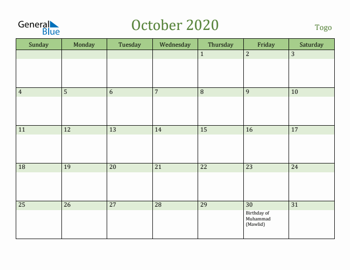 October 2020 Calendar with Togo Holidays
