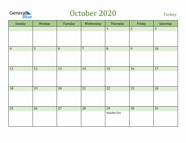 October 2020 Calendar with Turkey Holidays
