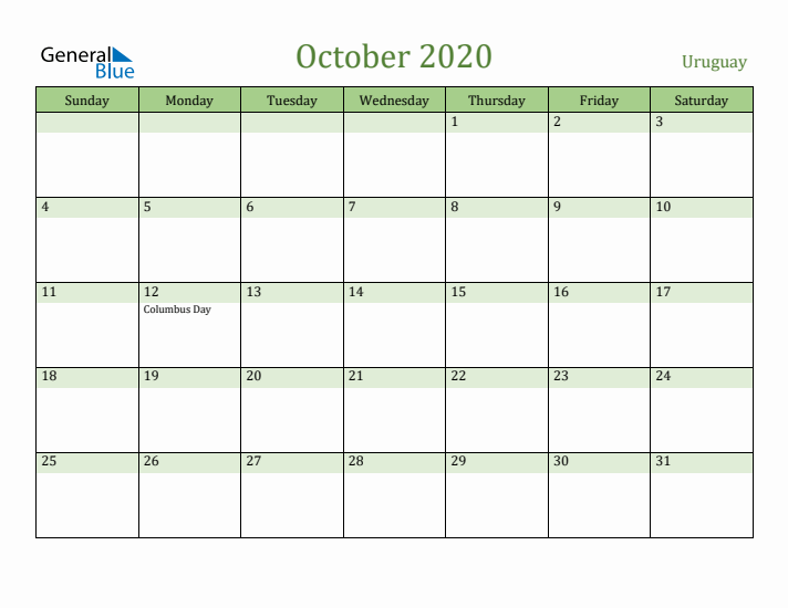 October 2020 Calendar with Uruguay Holidays