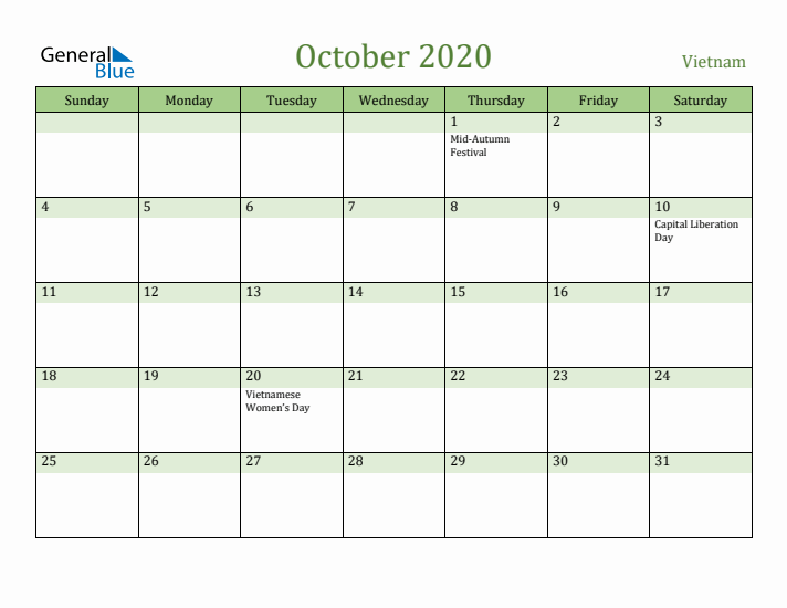 October 2020 Calendar with Vietnam Holidays