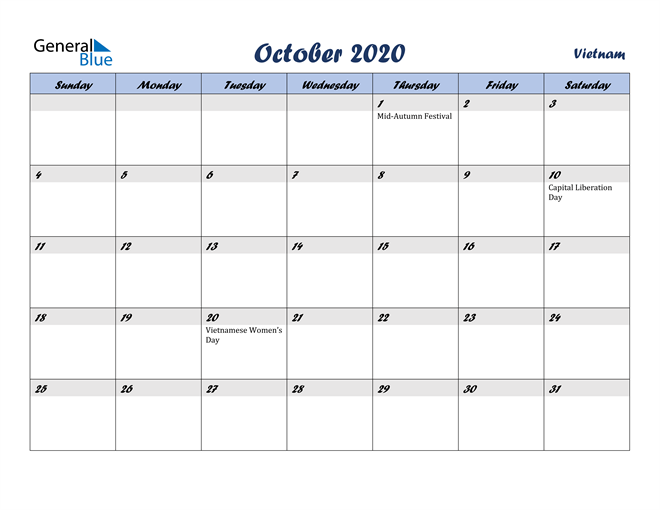 October 2020 Calendar with Holidays