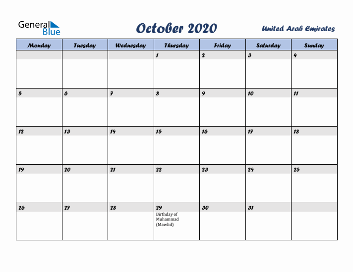 October 2020 Calendar with Holidays in United Arab Emirates