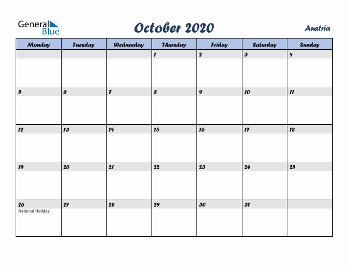 October 2020 Calendar with Holidays in Austria