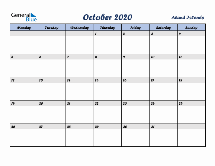 October 2020 Calendar with Holidays in Aland Islands