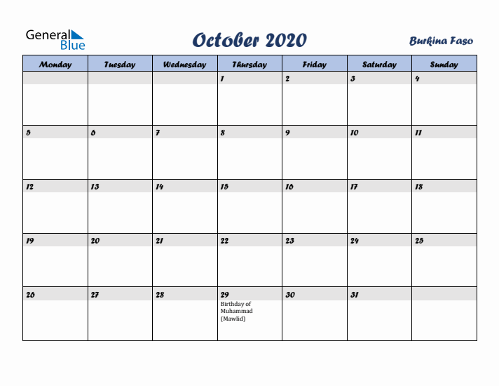 October 2020 Calendar with Holidays in Burkina Faso