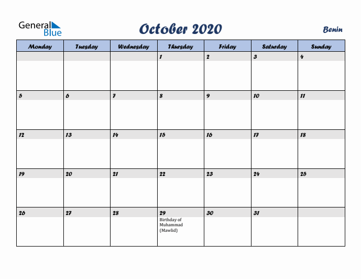 October 2020 Calendar with Holidays in Benin