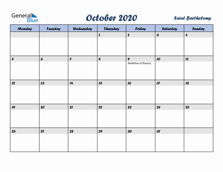 October 2020 Calendar with Holidays in Saint Barthelemy