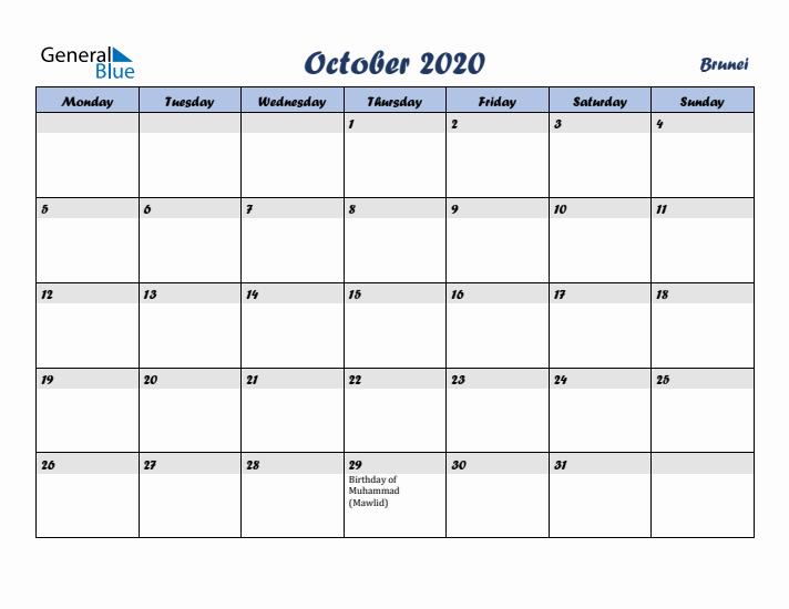 October 2020 Calendar with Holidays in Brunei