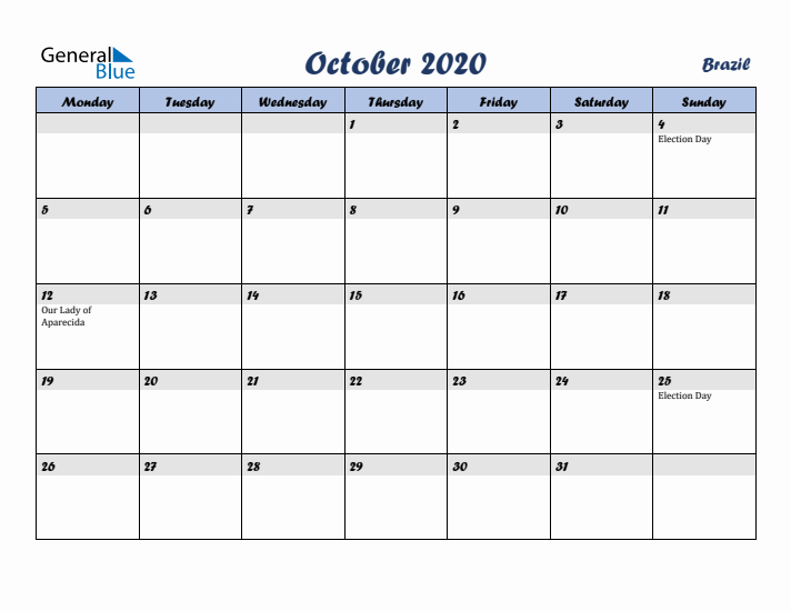 October 2020 Calendar with Holidays in Brazil