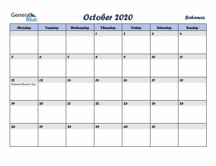 October 2020 Calendar with Holidays in Bahamas