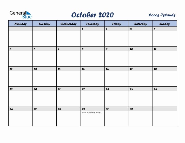 October 2020 Calendar with Holidays in Cocos Islands