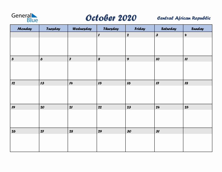 October 2020 Calendar with Holidays in Central African Republic