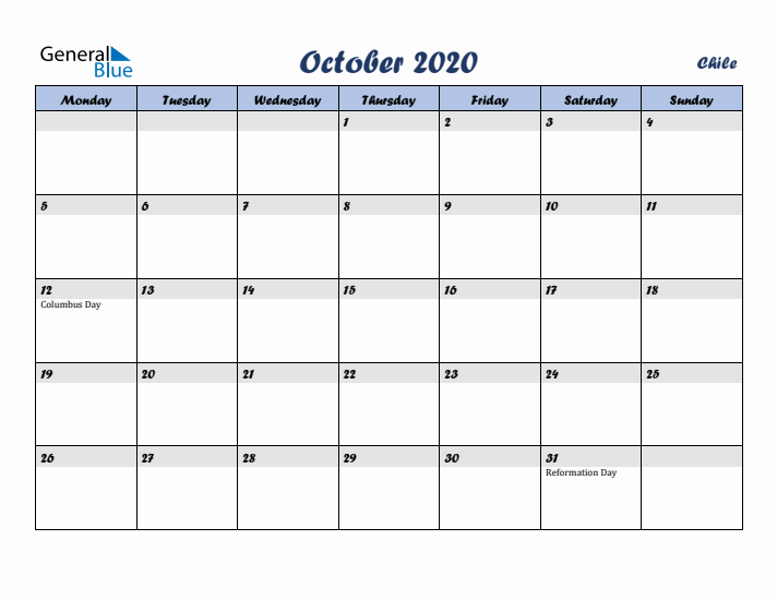 October 2020 Calendar with Holidays in Chile