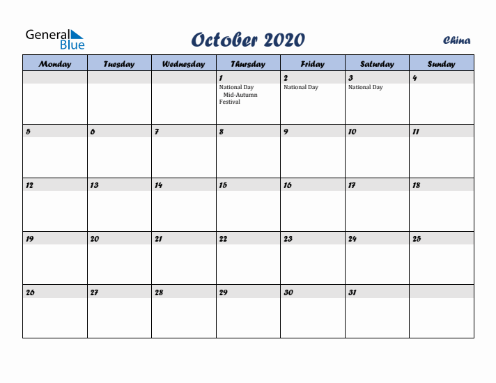 October 2020 Calendar with Holidays in China