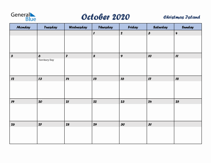 October 2020 Calendar with Holidays in Christmas Island