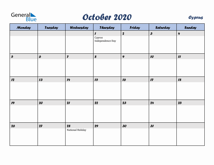 October 2020 Calendar with Holidays in Cyprus