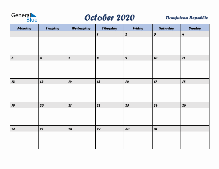 October 2020 Calendar with Holidays in Dominican Republic
