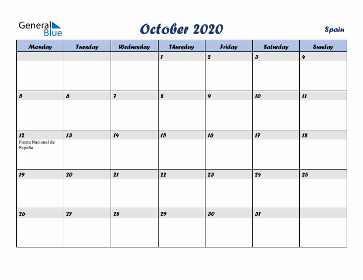 October 2020 Calendar with Holidays in Spain