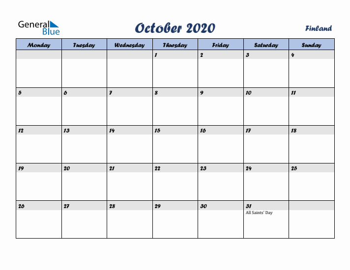 October 2020 Calendar with Holidays in Finland