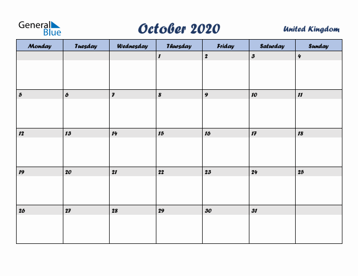 October 2020 Calendar with Holidays in United Kingdom