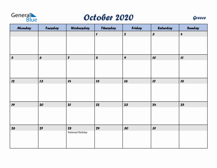 October 2020 Calendar with Holidays in Greece