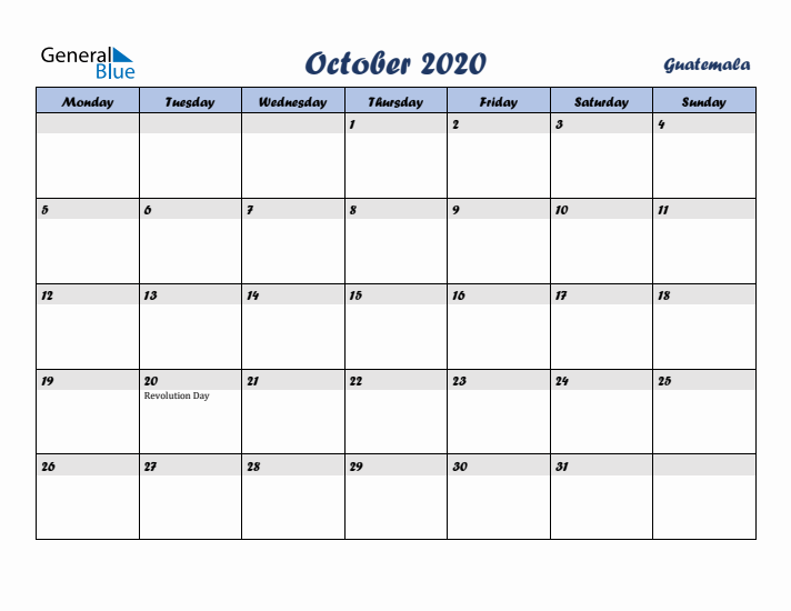 October 2020 Calendar with Holidays in Guatemala