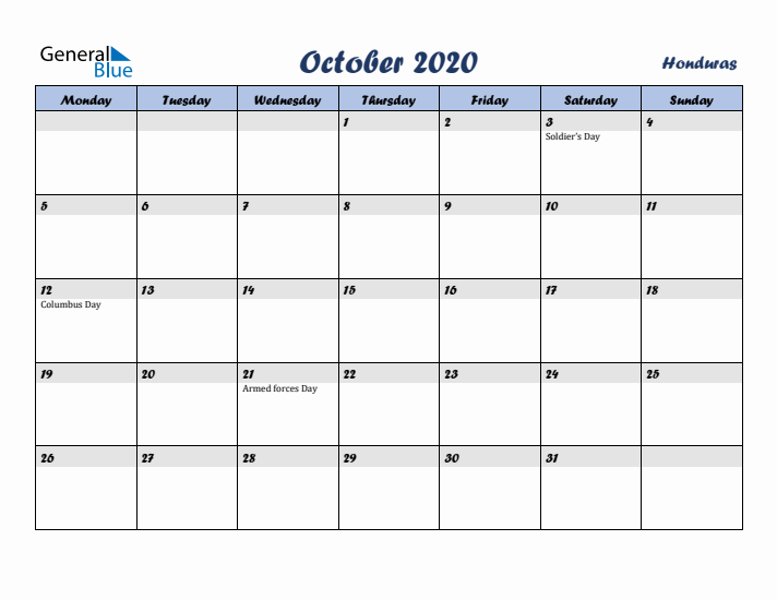 October 2020 Calendar with Holidays in Honduras