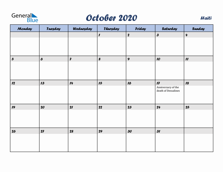 October 2020 Calendar with Holidays in Haiti