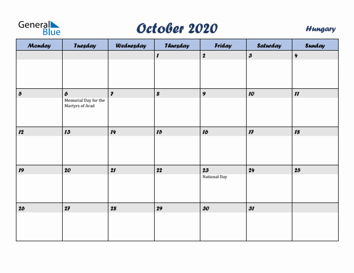 October 2020 Calendar with Holidays in Hungary