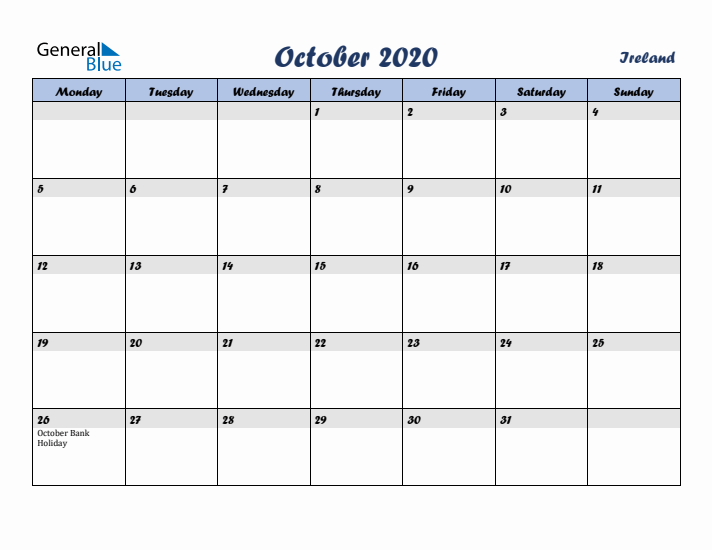 October 2020 Calendar with Holidays in Ireland