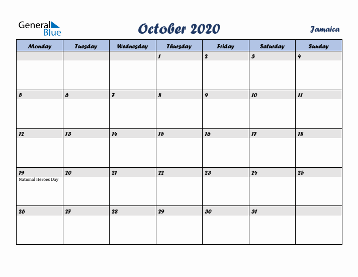 October 2020 Calendar with Holidays in Jamaica