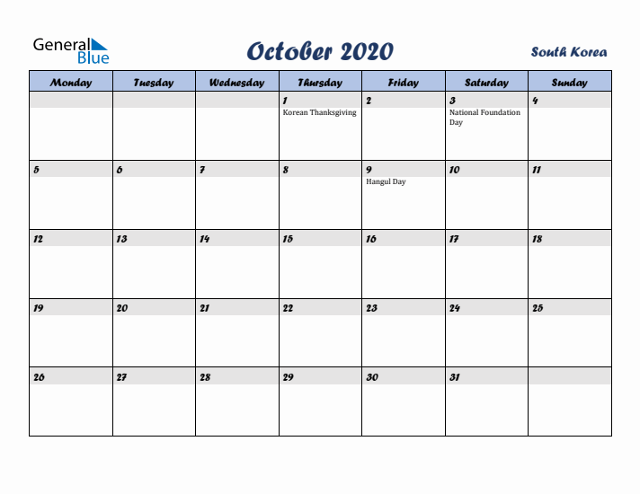 October 2020 Calendar with Holidays in South Korea