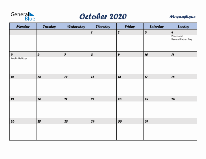 October 2020 Calendar with Holidays in Mozambique