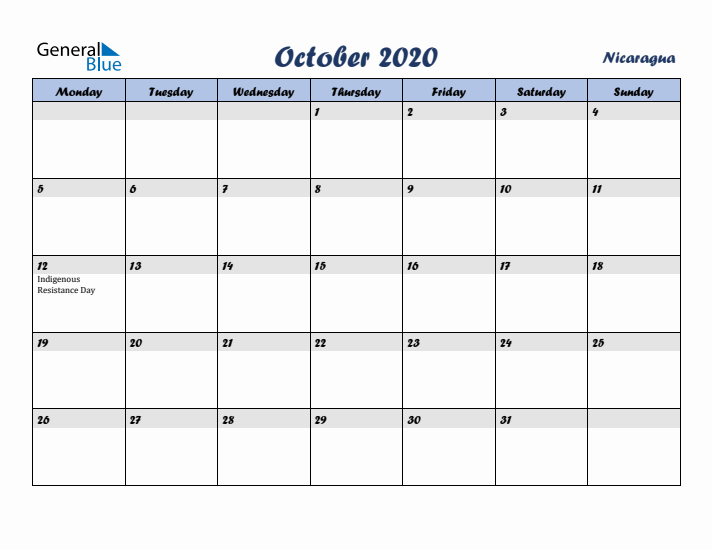 October 2020 Calendar with Holidays in Nicaragua