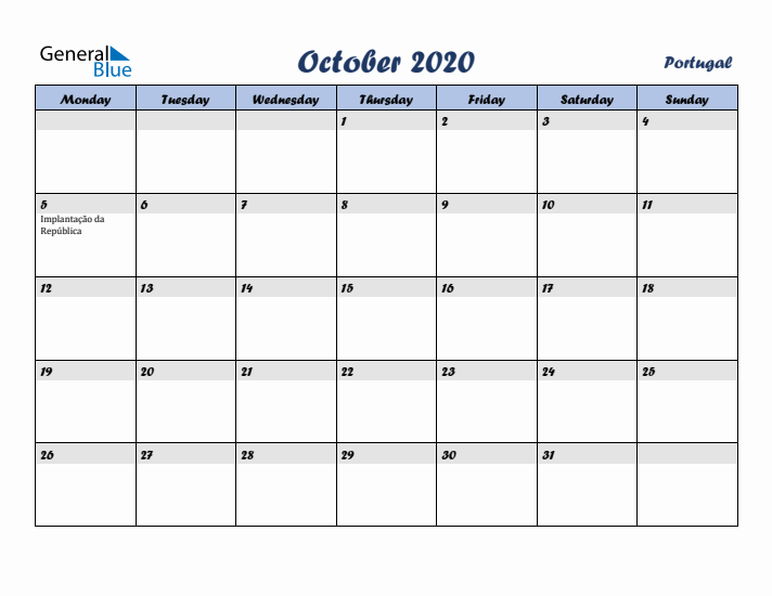 October 2020 Calendar with Holidays in Portugal