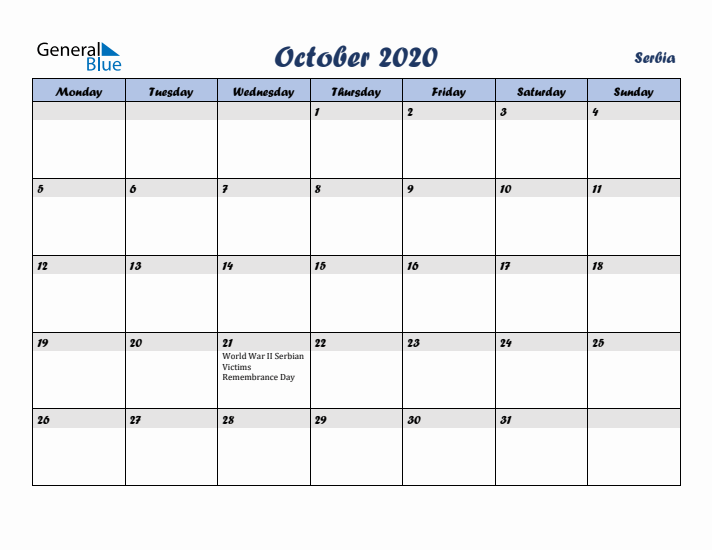 October 2020 Calendar with Holidays in Serbia