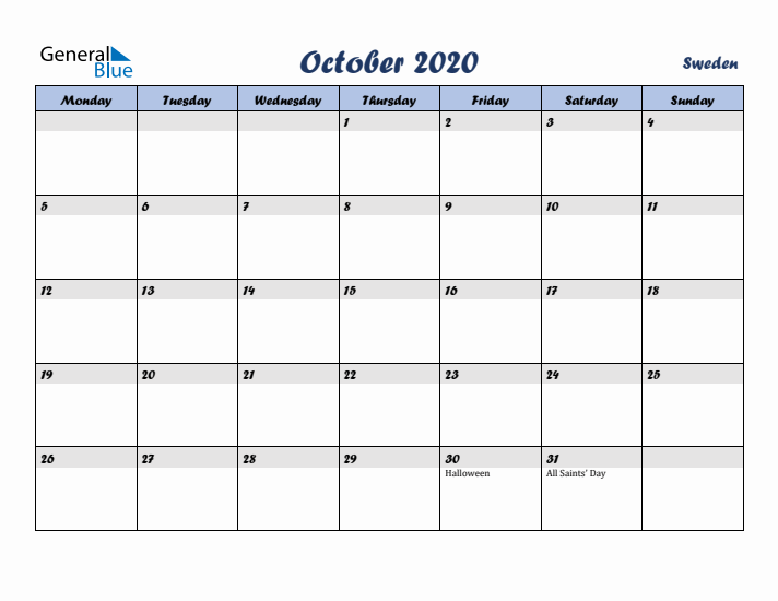 October 2020 Calendar with Holidays in Sweden