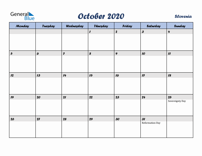 October 2020 Calendar with Holidays in Slovenia