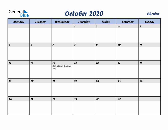 October 2020 Calendar with Holidays in Ukraine