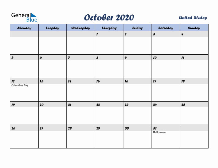 October 2020 Calendar with Holidays in United States