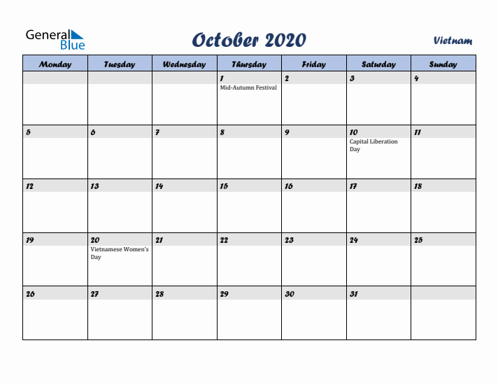 October 2020 Calendar with Holidays in Vietnam