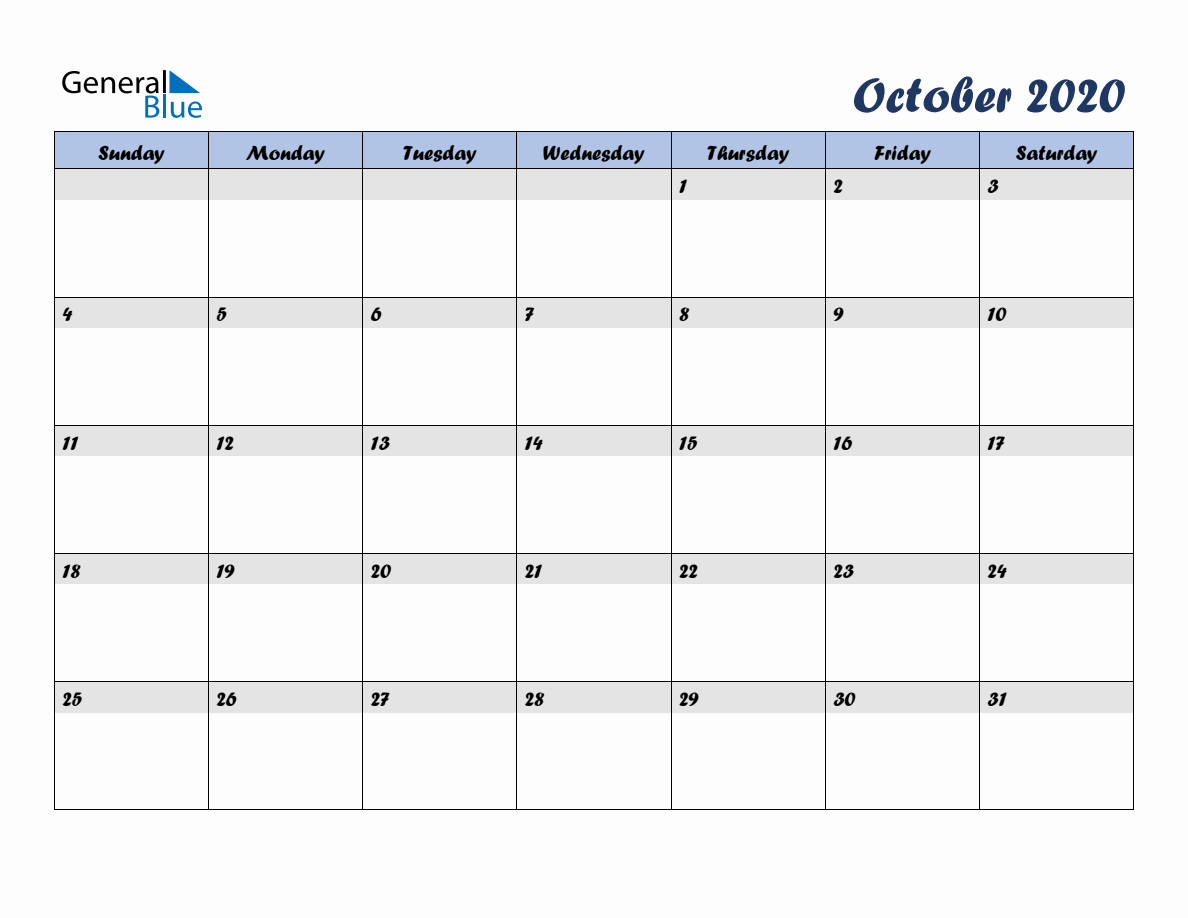 Free October 2020 Monthly Editable Calendar, starting on Sunday